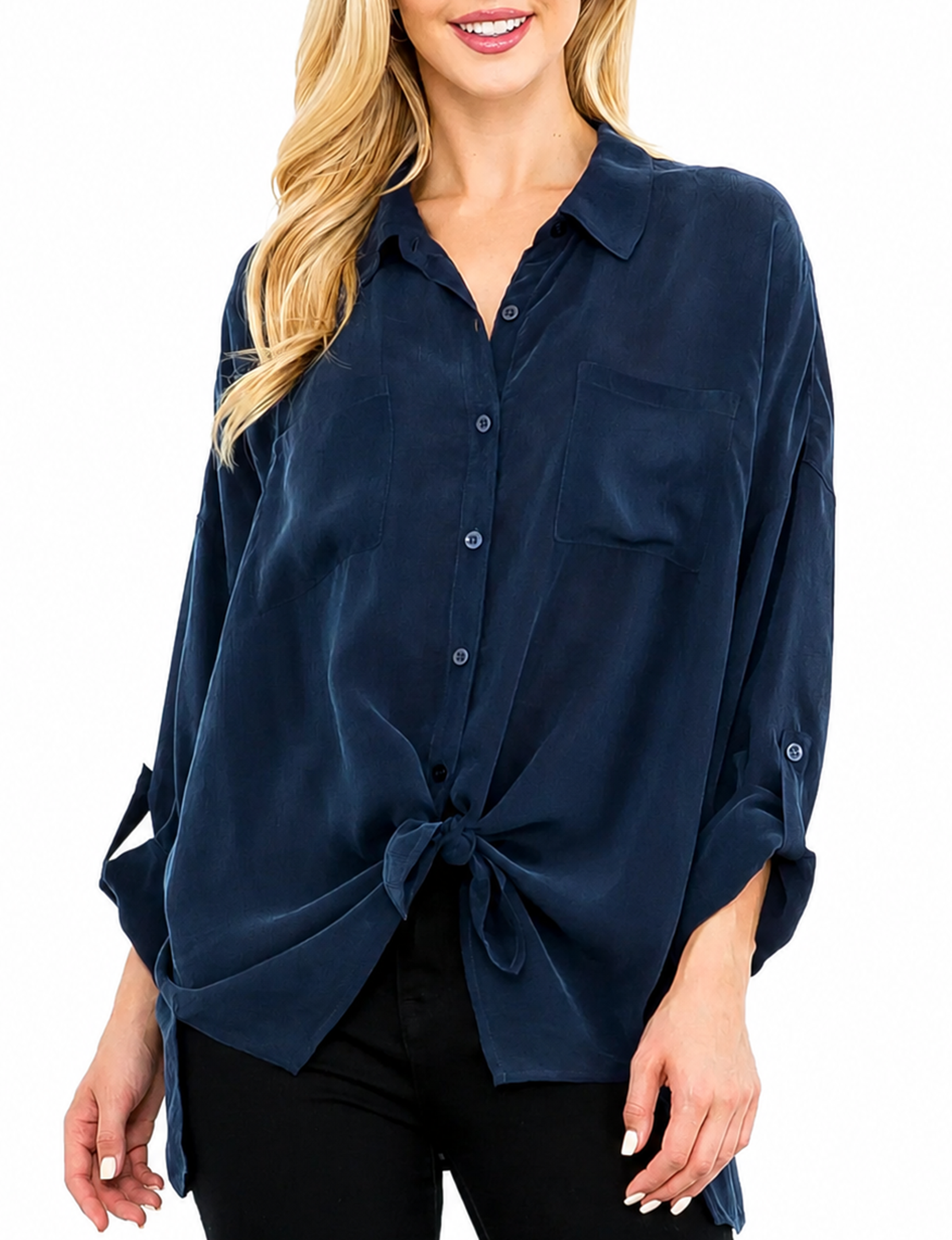 Cargo Button Down Tie Top, Navy
