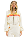 5 Stripe Cropped Relaxed Zip Hoodie, Vintage White/White Neon