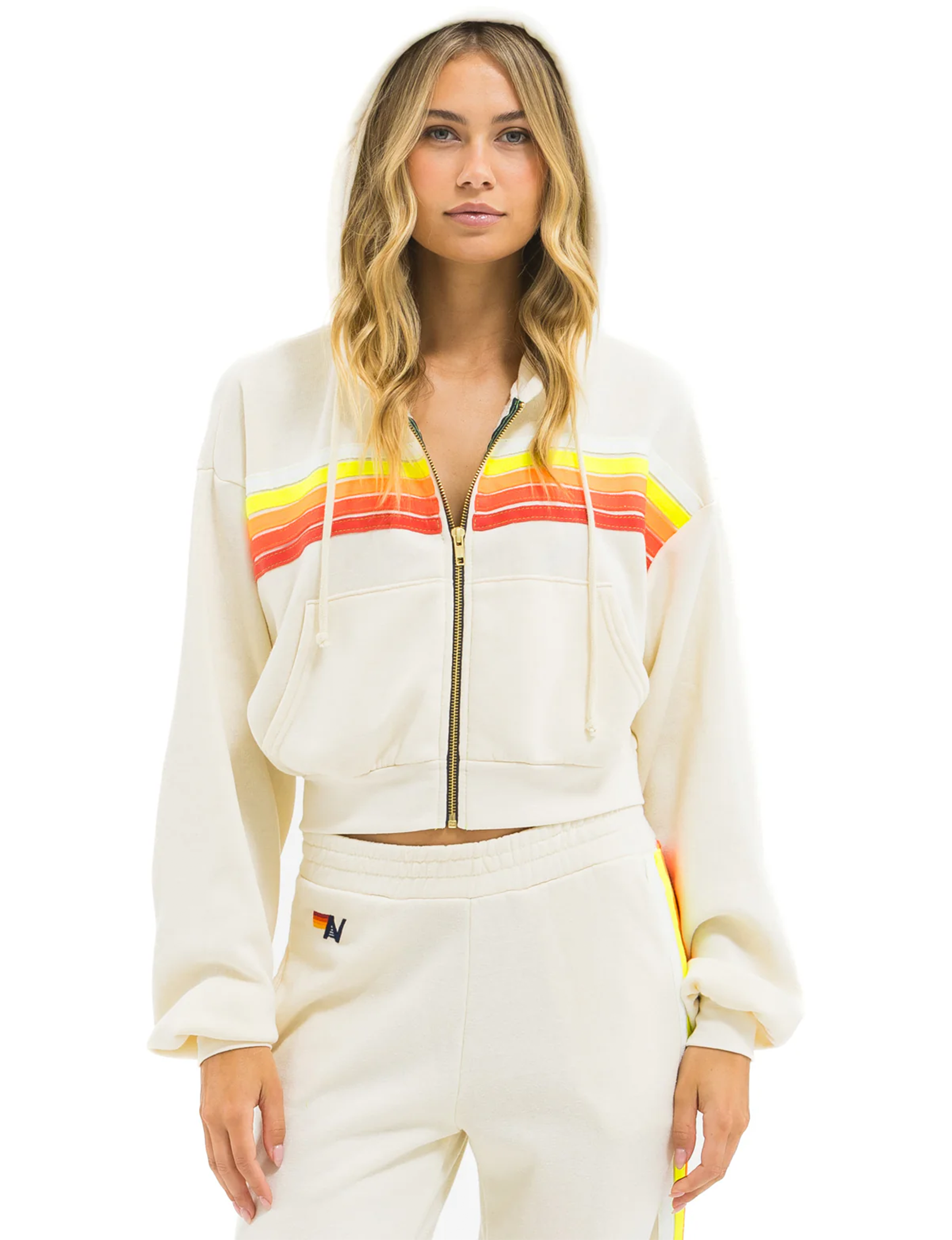 5 Stripe Cropped Relaxed Zip Hoodie, Vintage White/White Neon