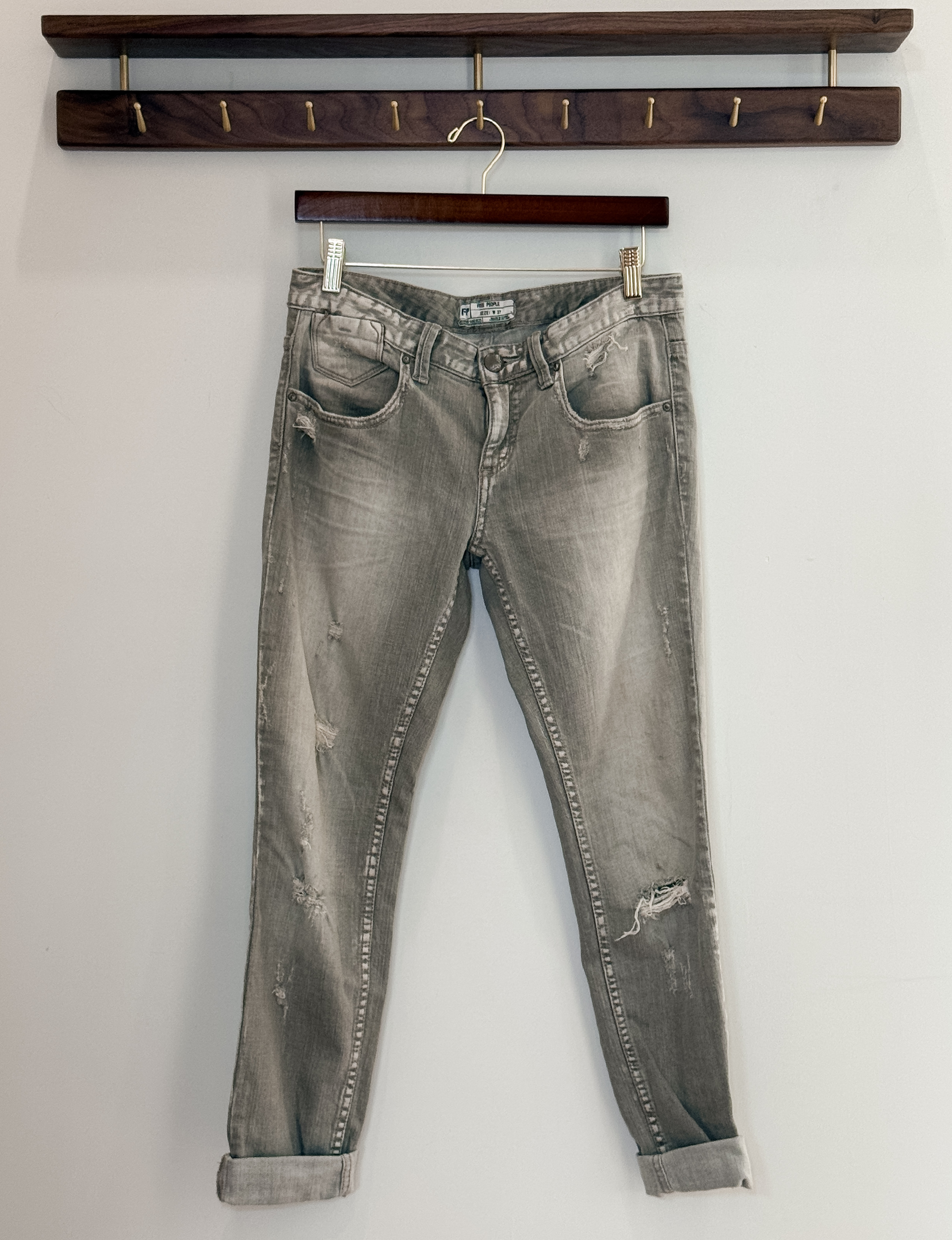 Free People Distressed Relaxed Skinny Jeans, Light Gray Wash