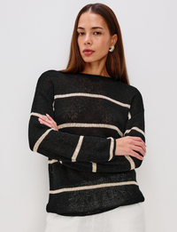 Evangeline Sweater, Black Linen/Stripe