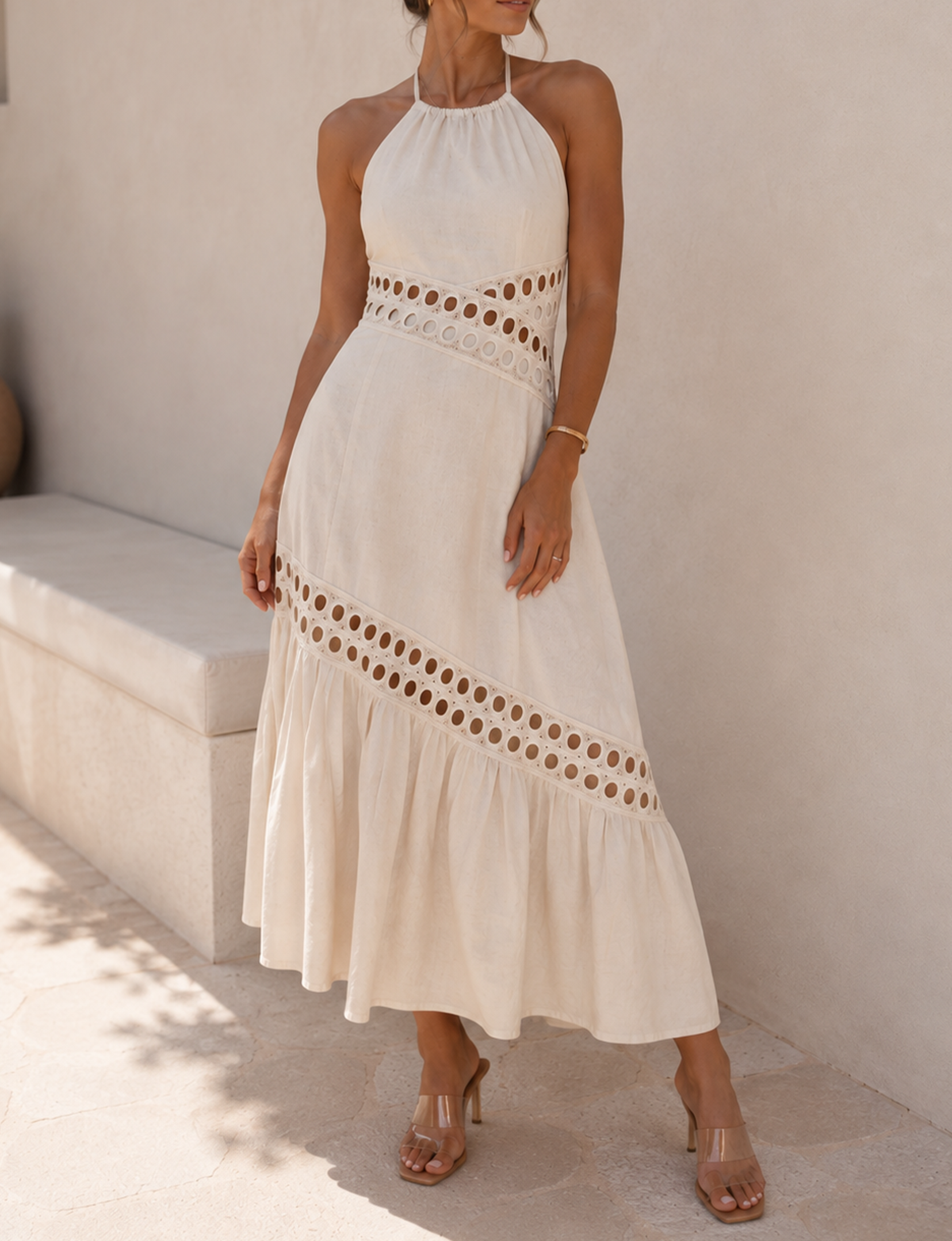 Cutwork Halter Maxi Dress, Ecru