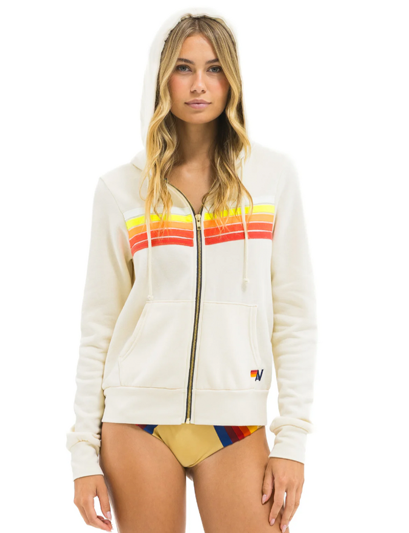 5 Stripe Zip Hoodie, Vintage White/White Neon
