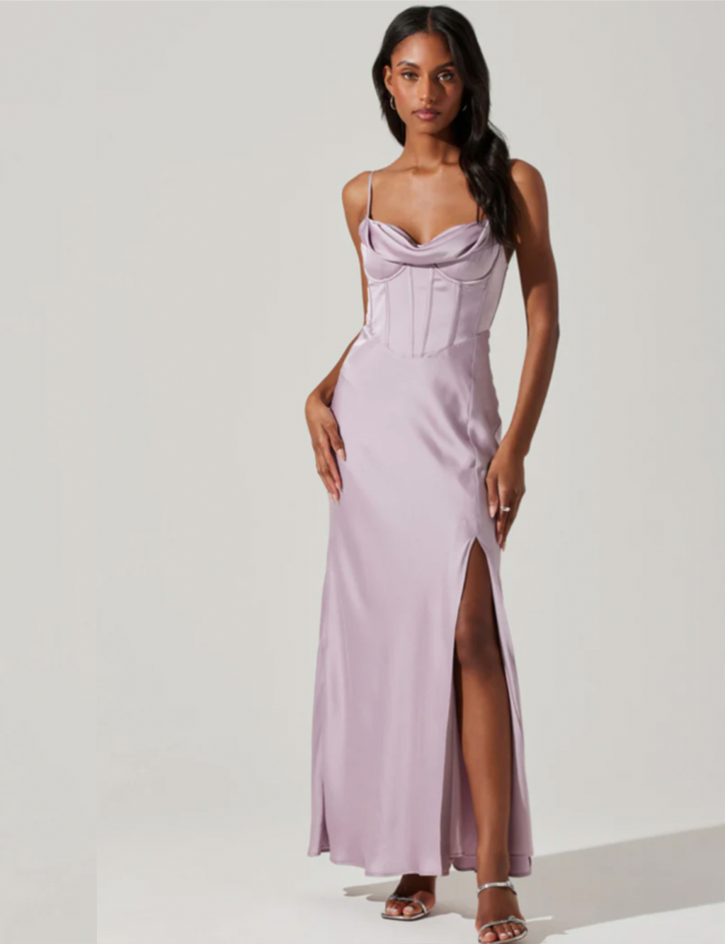 Cannes Satin Bustier Maxi Dress, Silver Lilac