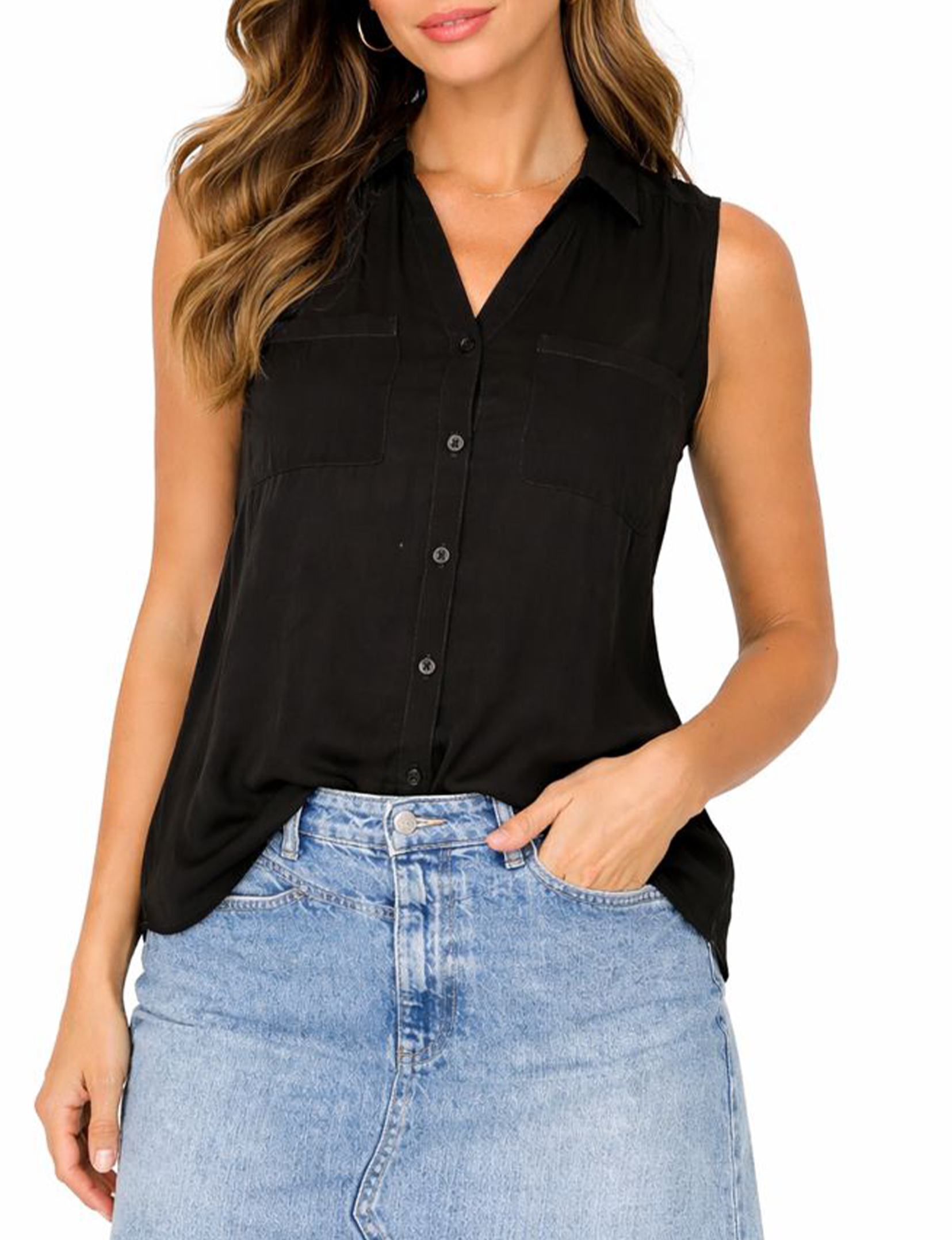Sleeveless Cargo Pocket Top, Black
