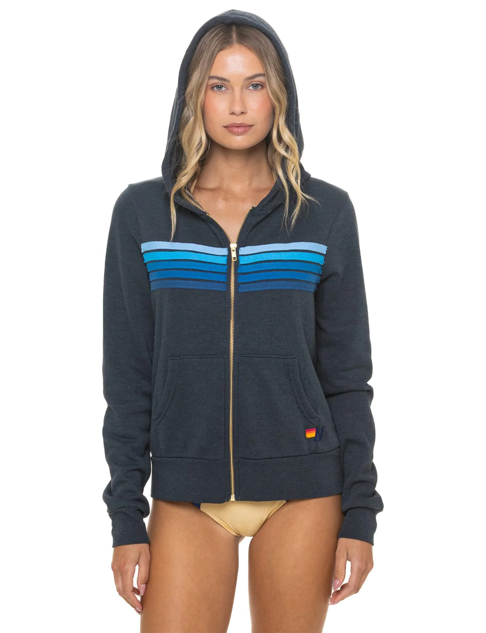5 Stripe Zip Hoodie, Charcoal/Blue