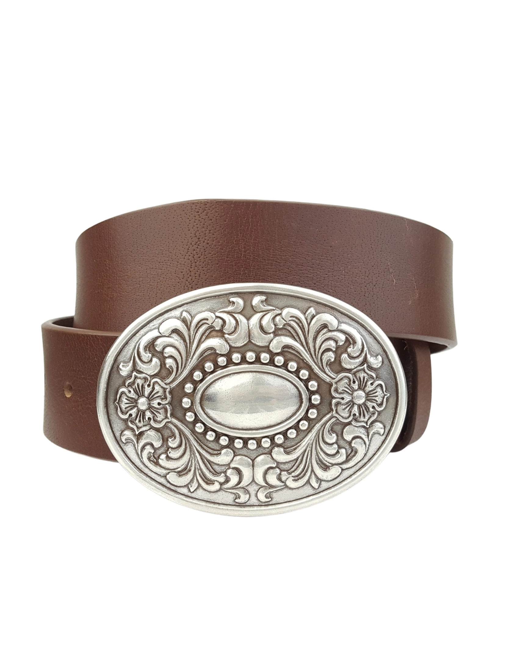 Silver Floral Buckle Belt, Brown Leather