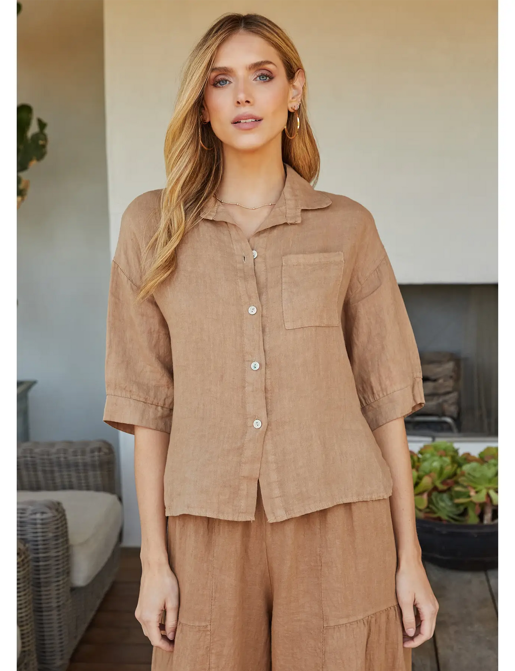 Linen 3/4 Sleeve Button Down Shirt, Camel