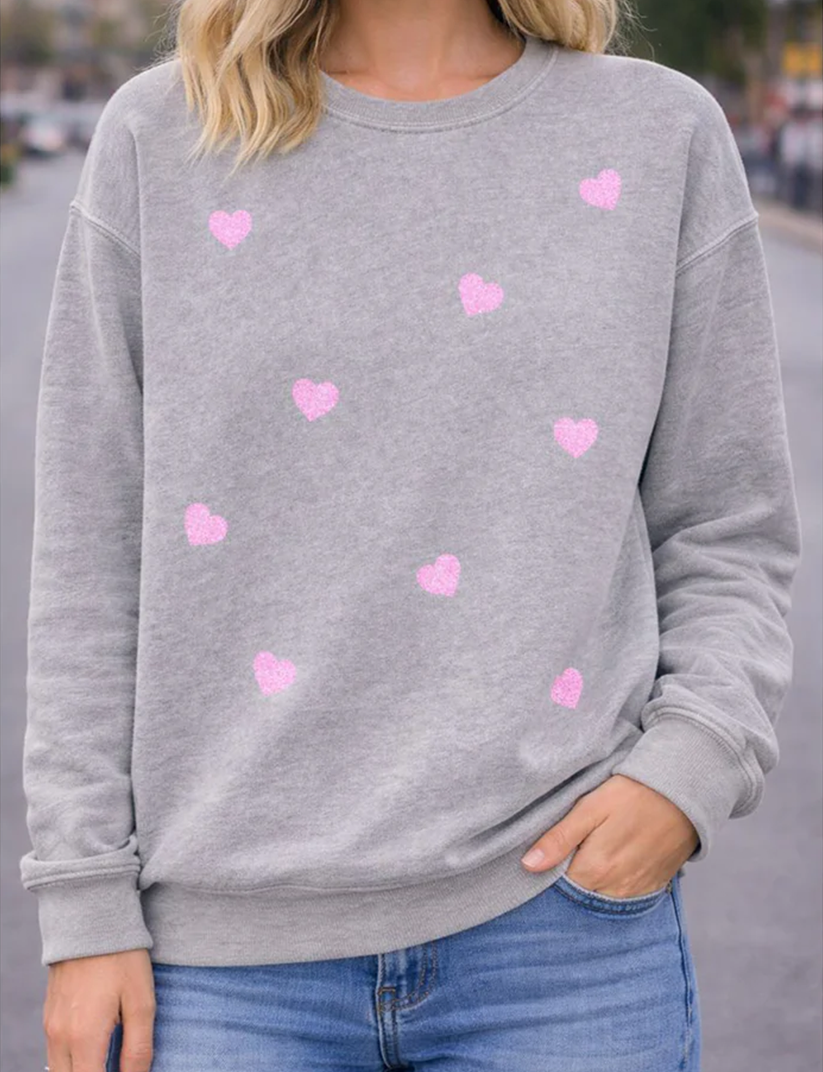 Heart All Over Sweatshirt, Heather Grey