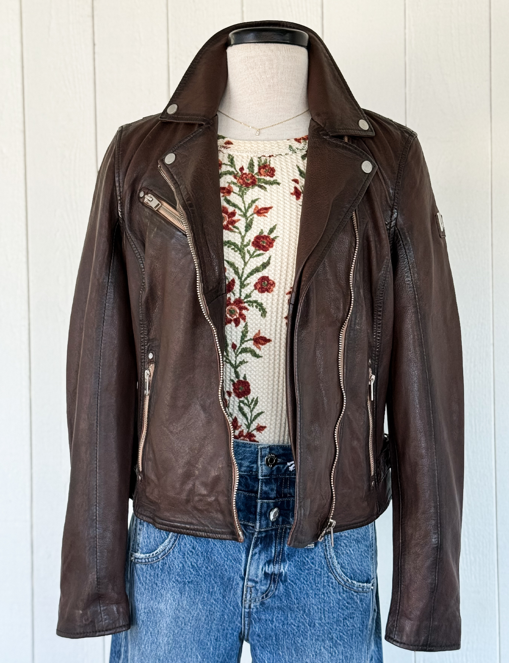 Sofia Leather Moto Jacket, Black/Brown