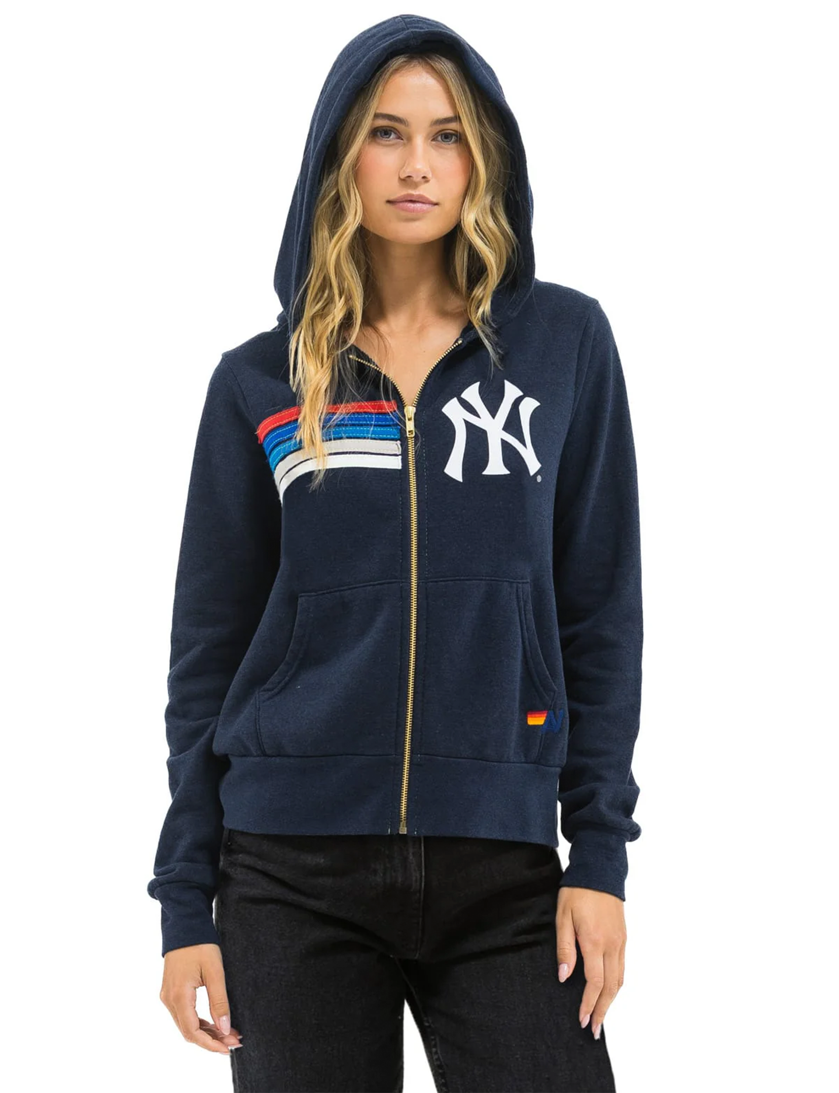 NY Yankees 5 Stripe Zip Hoodie, Navy USA