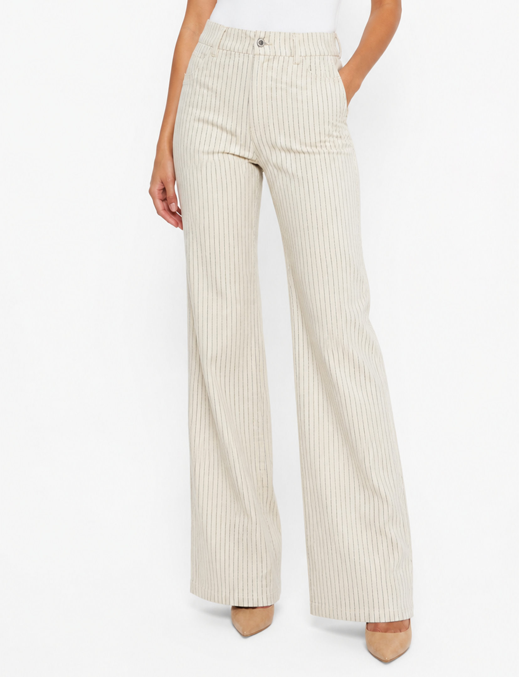 Sarah Wide Flare Pant, Beige/Blue Stripe