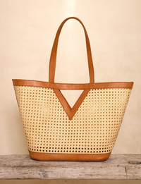 Rattan Large Triangle Tote, Tan Leather