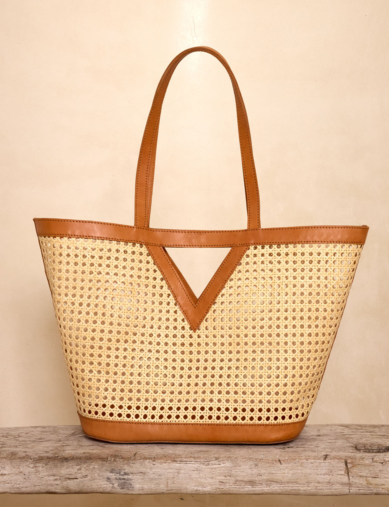 Rattan Large Triangle Tote, Tan Leather