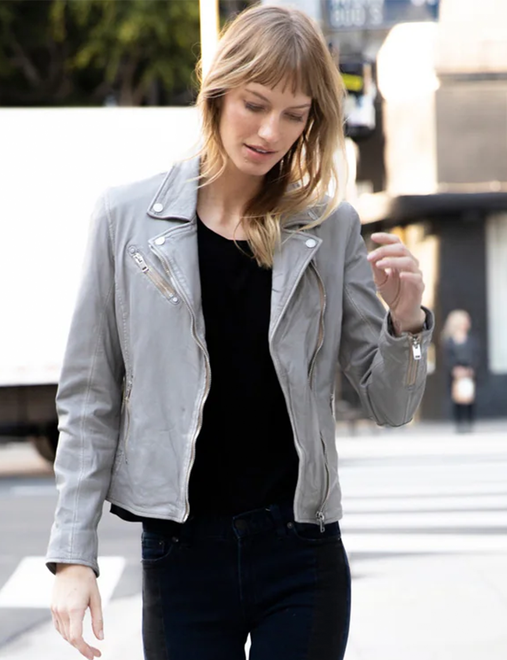 Sofia Leather Moto Jacket, Silver/Grey