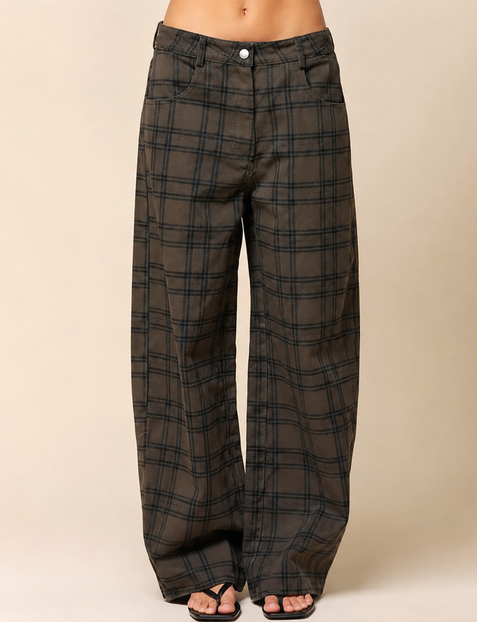 Plaid Barrel Pants, Deep Olive