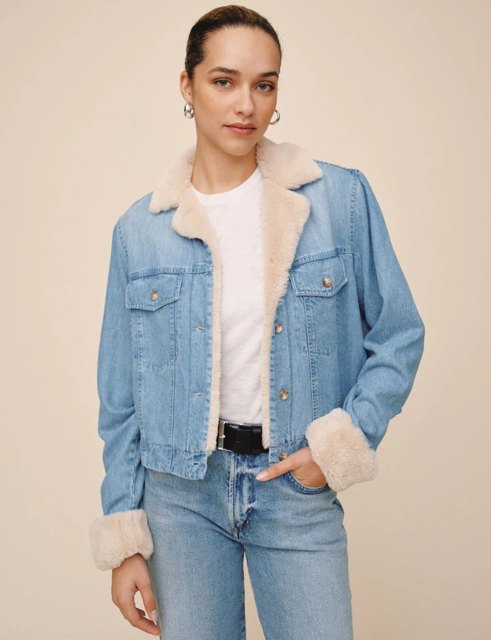 Fur Denim Jacket, Vintage/Frost Wash