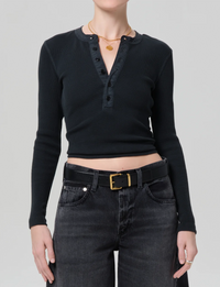 Drea Waffle Henley, Washed Black