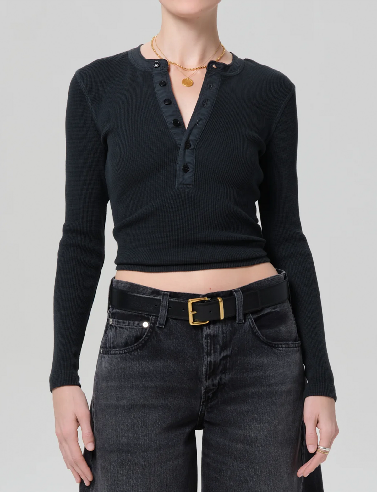 Drea Waffle Henley, Washed Black