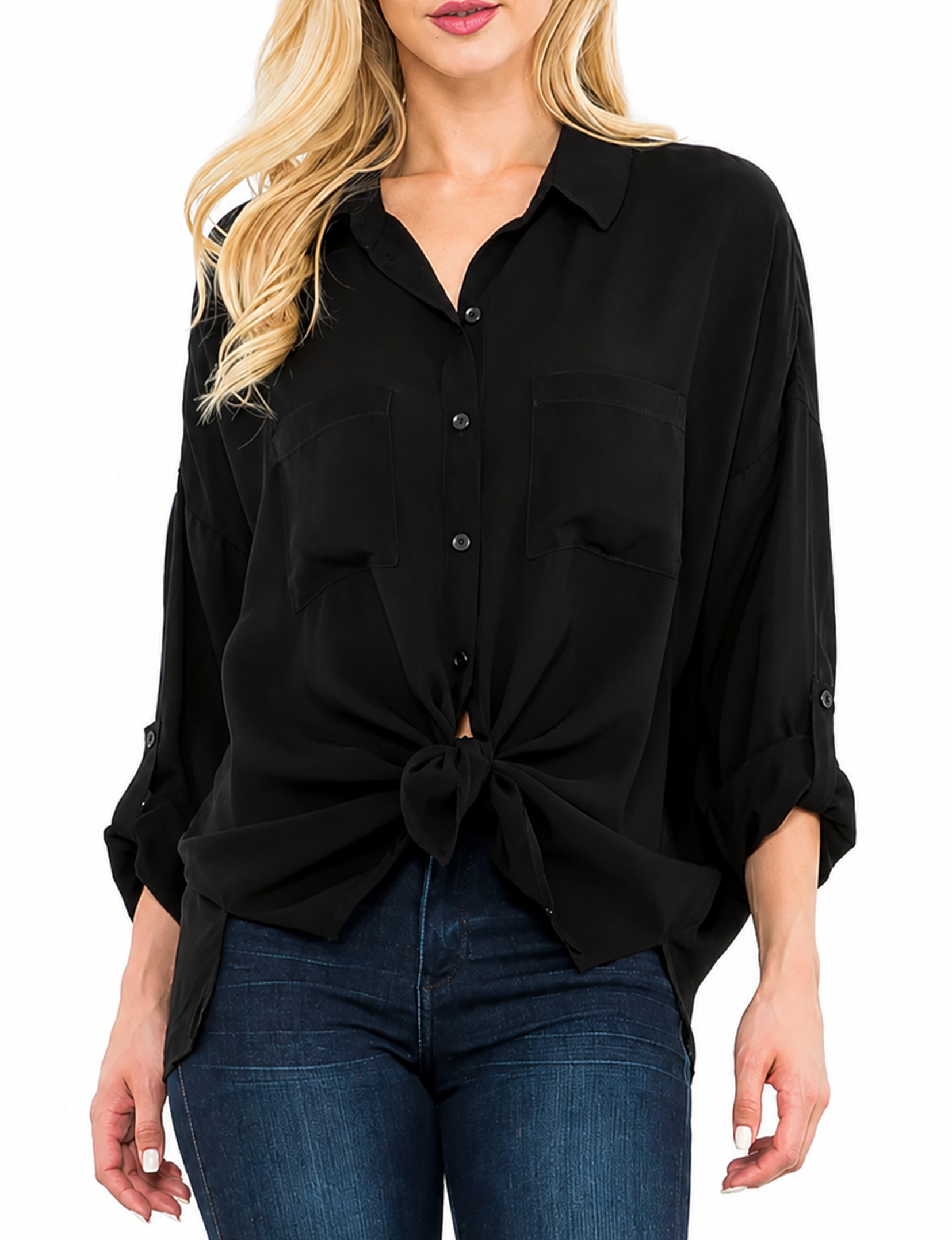 Cargo Button Down Tie Top, Black