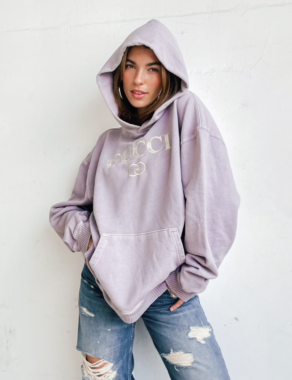 Gucci Cream Embroidered Fleece Hoodie, Lavender