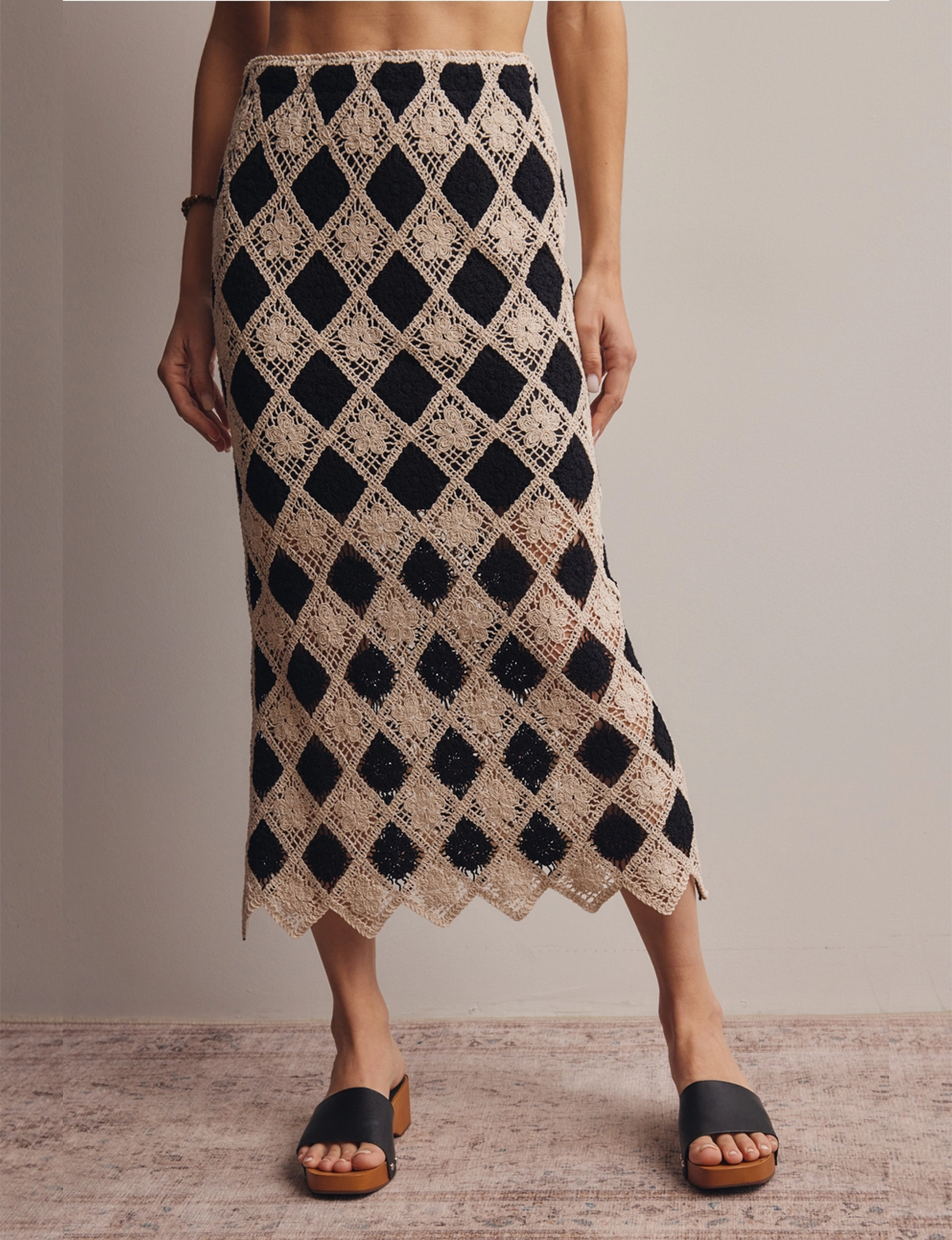 Crochet Diamond Midi Skirt, Black Natural