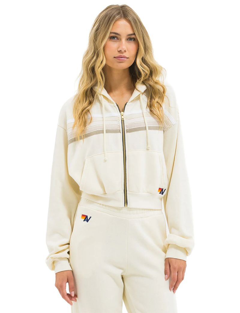 5 Stripe Cropped Relaxed Zip Hoodie, Vintage White/White Grey