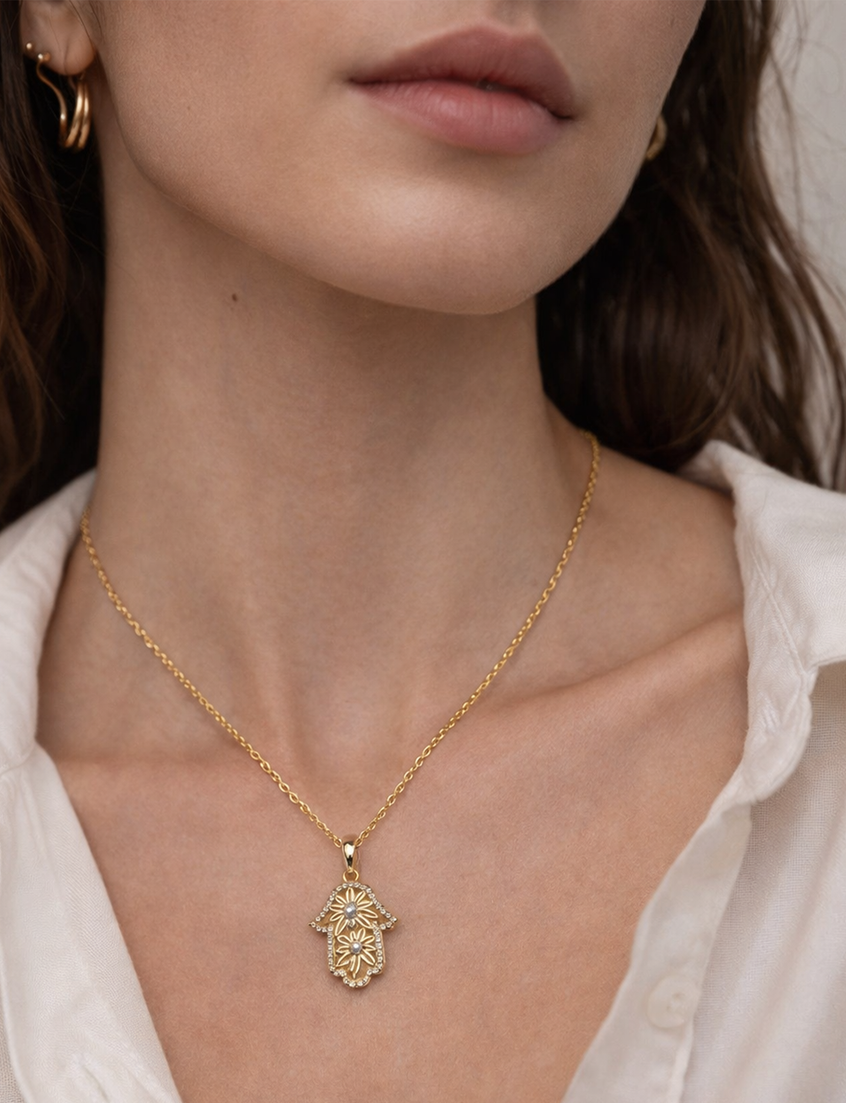 Hamsa Pendant Necklace, Gold