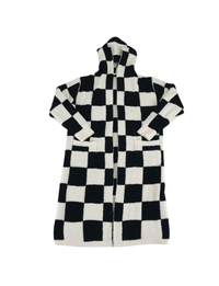 Hooded Checker Luxe Robe, Black/Cream