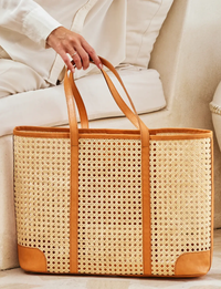 Oversized Rattan Tote Bag, Brown Leather