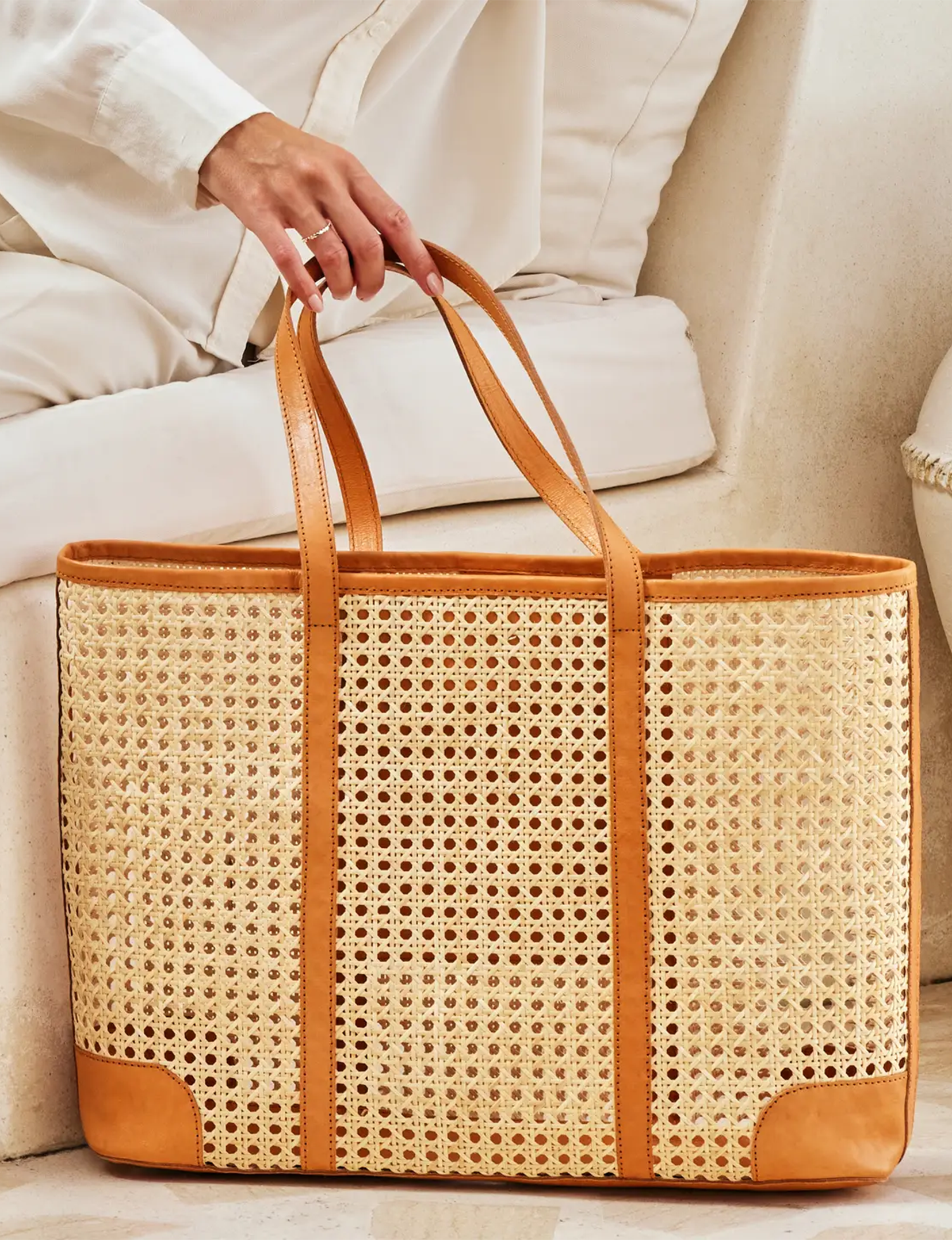 Oversized Rattan Tote Bag, Brown Leather