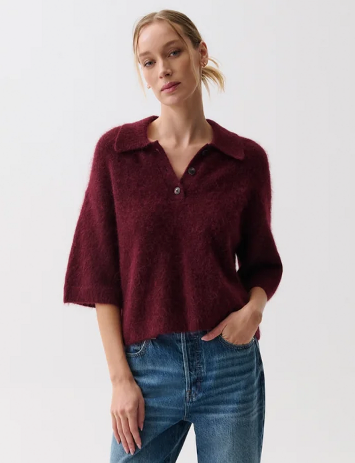 Nadya Alpaca Polo Sweater, Cherry Wine