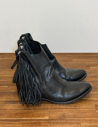Leather Fringe Ankle Booties, Black