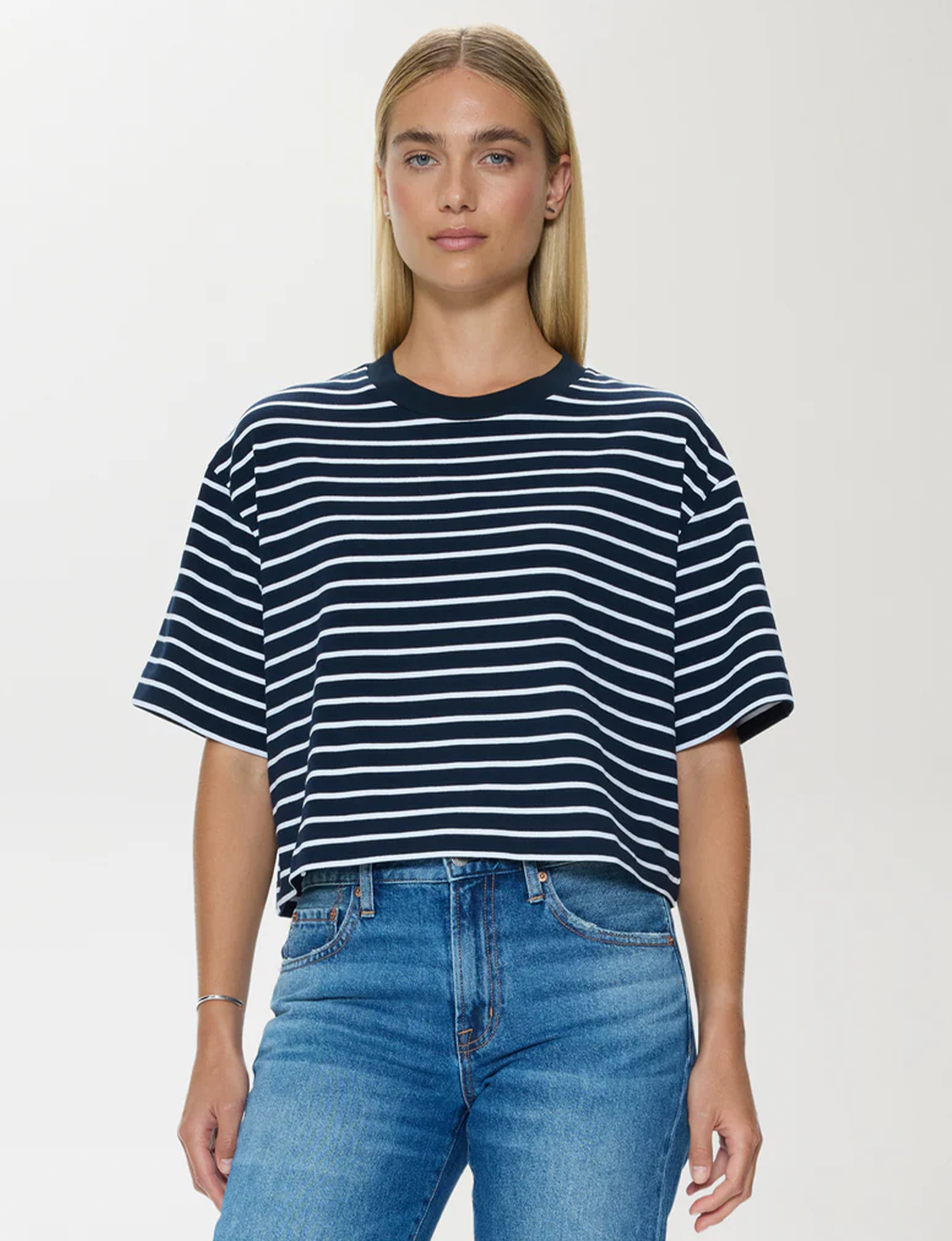 Mae Cropped Tee, Navy/White Stripe
