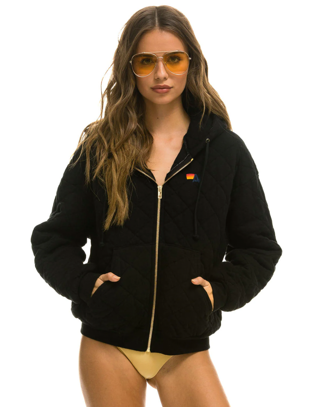 Quilted Relaxed Zip Hoodie, Black