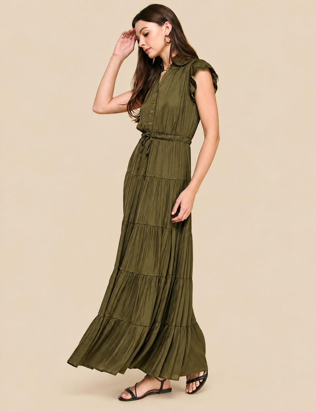 Satin Tiered Maxi Dress, Mocha