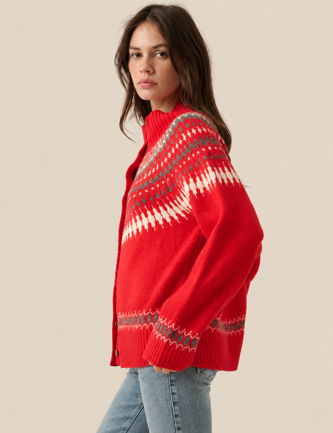 Fair Isle Cardigan, Cherry Tomato