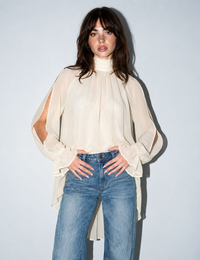 Chiffon Cold-Shoulder Top, Cream