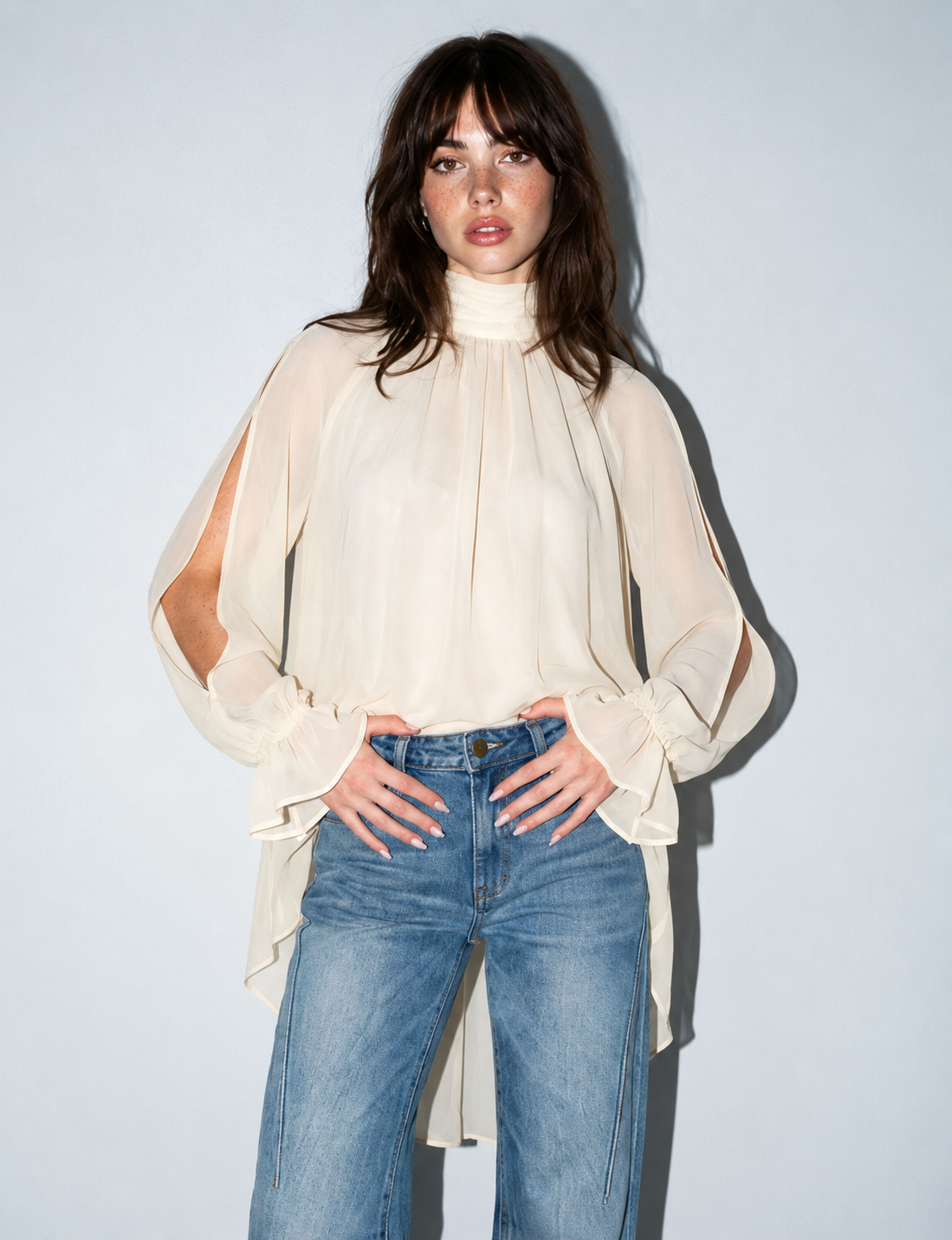 Chiffon Cold-Shoulder Top, Cream