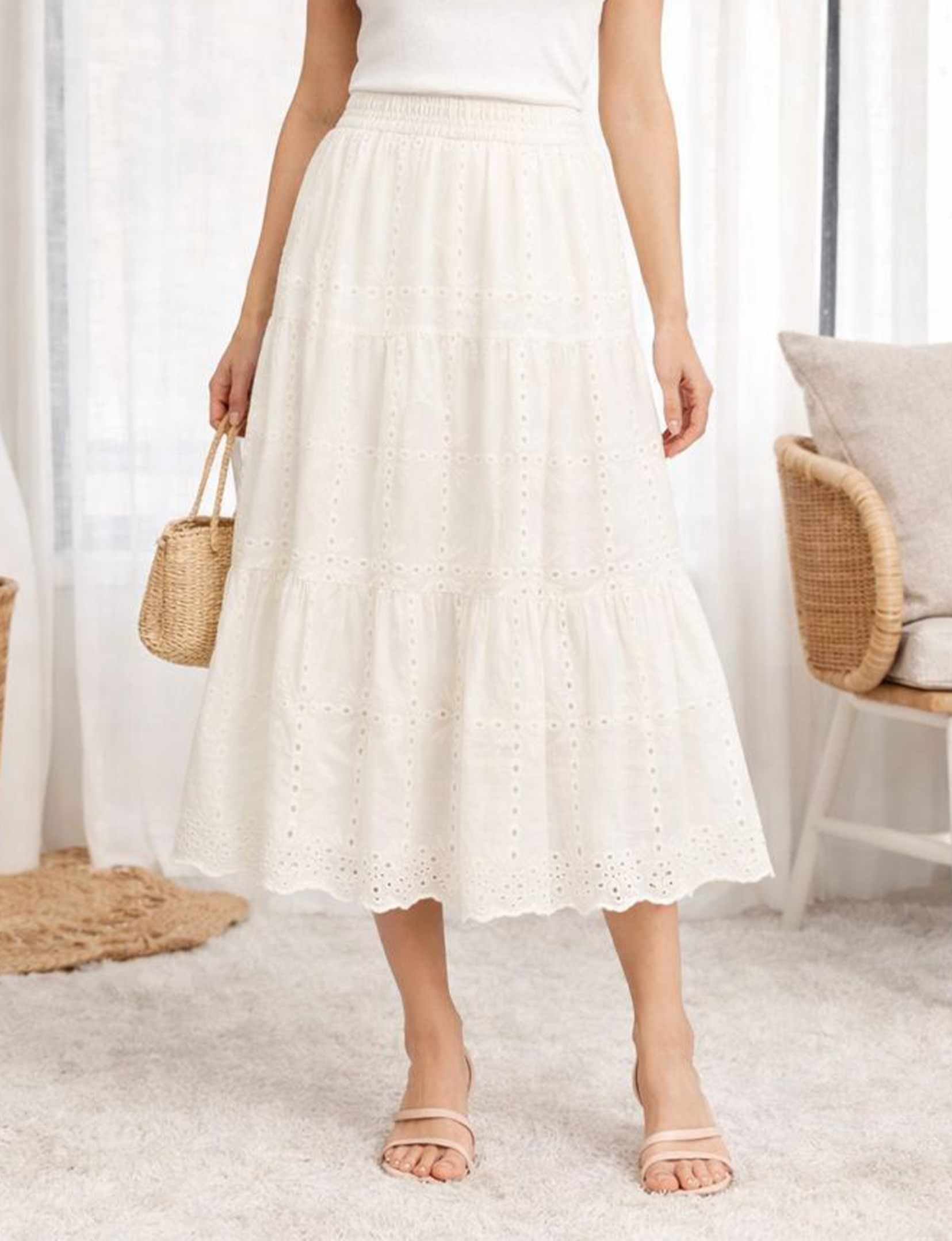 Eyelet Midi Skirt, Beige