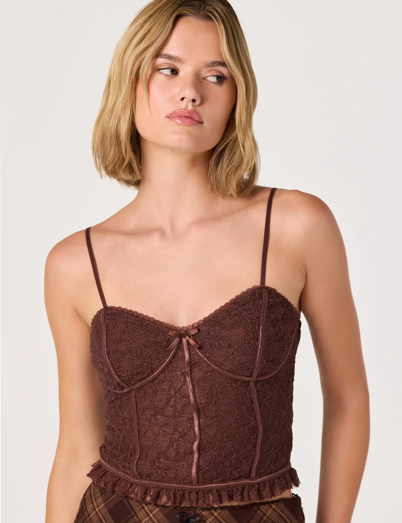Lace Sweetheart Bustier Top, Brown