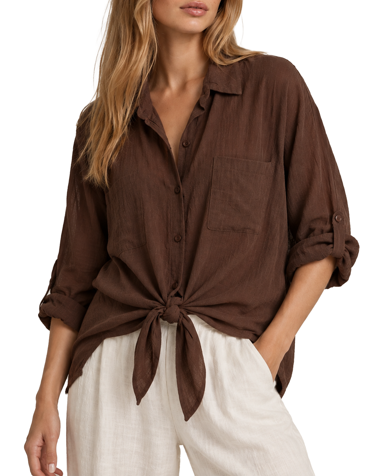 Cargo Button Down Tie Top, Brown