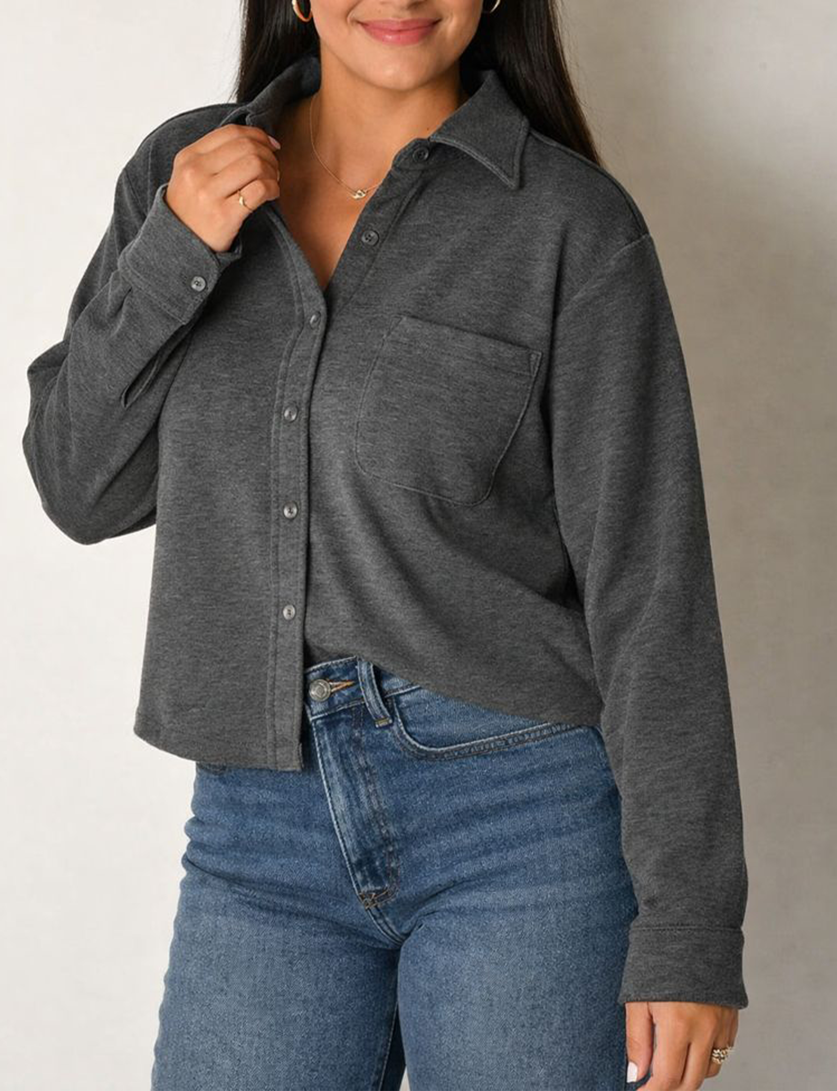 Crop L/S Button Shirt, Dark Grey