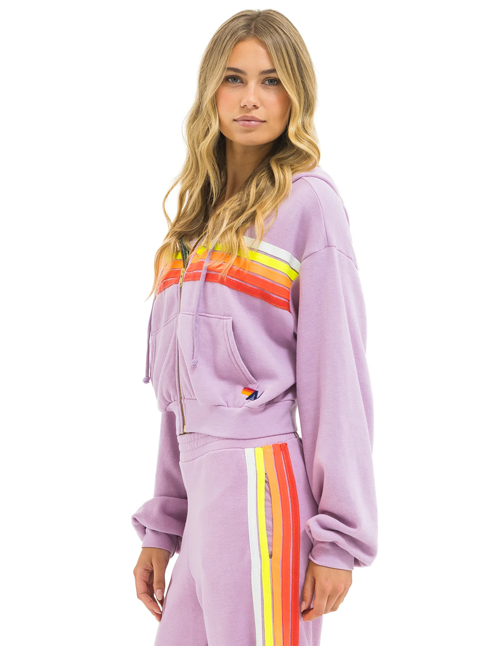 5 Stripe Cropped Relaxed Zip Hoodie, Mauve/White Neon