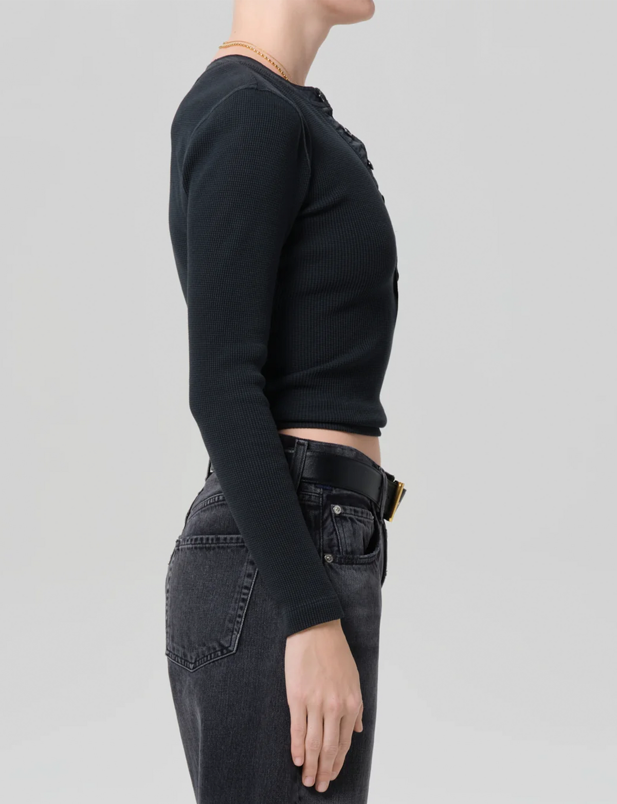 Drea Waffle Henley, Washed Black