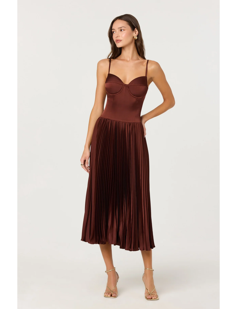 satin midi dress rust ASTR the Label | Elyssa Satin Midi Dress in Rust Brown
