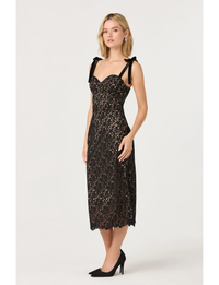 Donne Floral Lace Midi Dress, Black Nude