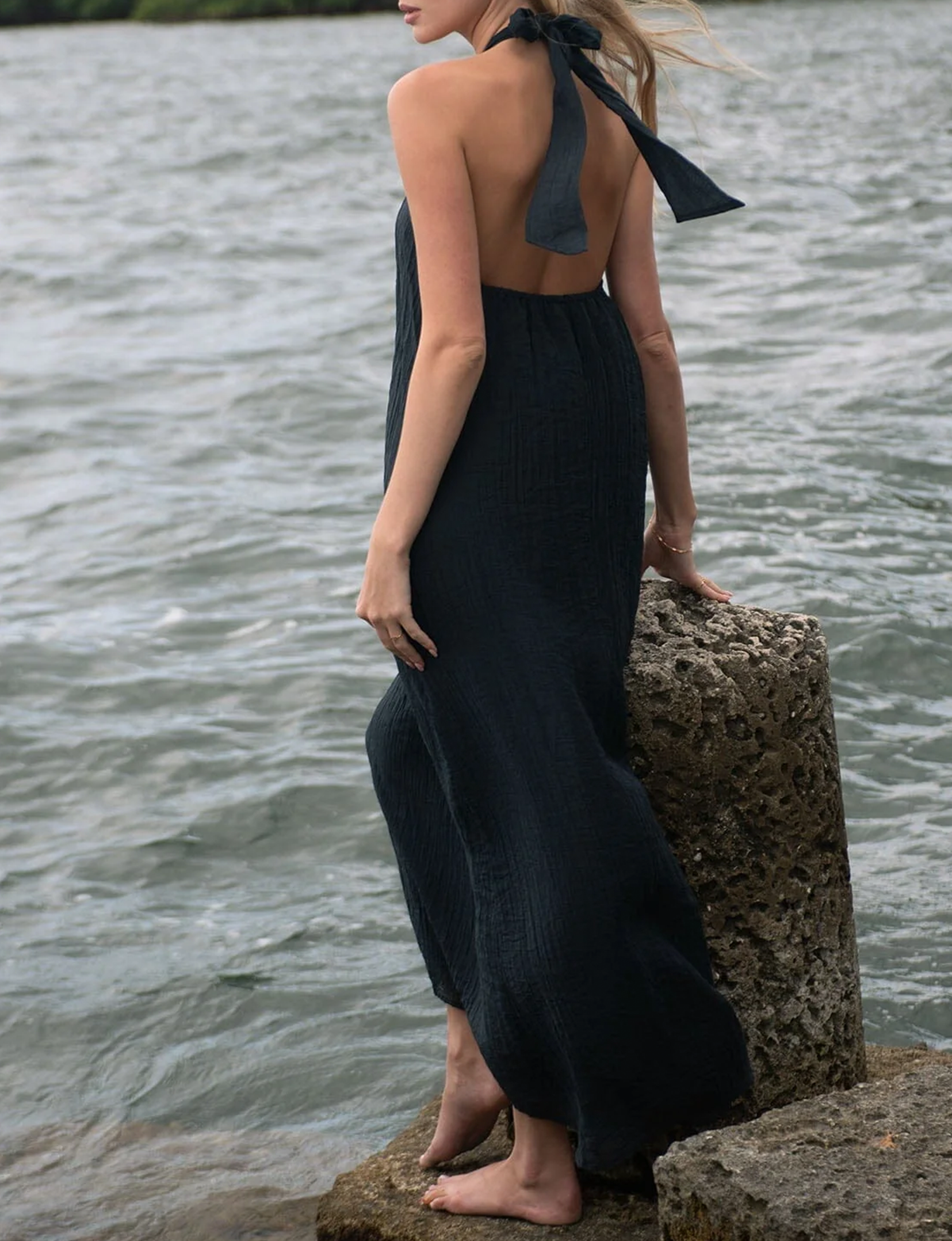 Halter O-Ring Maxi Dress, Slate Blue