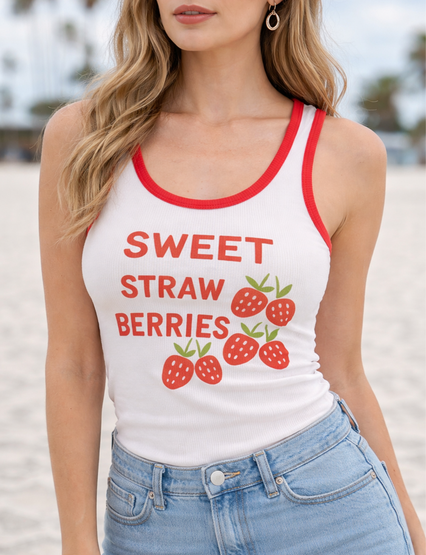 Sweet Strawberries Rib Tank, White/Red