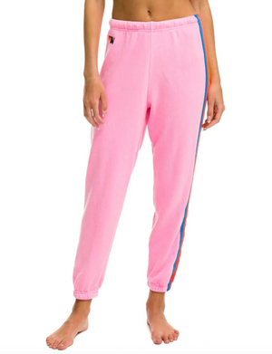 Womens 5 Stripe Sweatpant, Pink/Neon Rainbow